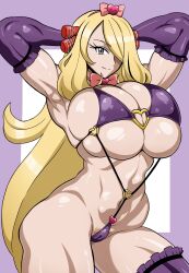  1girl absurdres arms_behind_head arms_up bikini blonde_hair breasts creatures_(company) cynthia_(pokemon) game_freak hair_over_eyes hair_over_one_eye highres hokuto_(tokuho) huge_breasts large_breasts long_hair looking_at_viewer md5_mismatch nintendo pokemon pokemon_dppt revealing_clothes solo swimsuit thick_thighs thighs very_long_hair  rating:Explicit score:14 user:danbooru