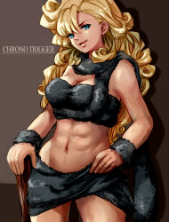 1990s_(style) 1girl abs ayla_(chrono_trigger) bandeau blonde_hair blue_eyes bracelet breasts caveman cavewoman chrono_(series) chrono_trigger cleavage club_(weapon) copyright_name curly_hair fur hand_on_own_hip himasen jewelry large_breasts long_hair navel open_mouth skirt smile solo weapon rating:Sensitive score:42 user:danbooru