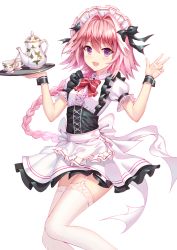  1boy aaeru alternate_costume artist_name astolfo_(fate) blush breasts cup fang fate_(series) feet_out_of_frame flower_print garter_straps hair_ornament happy kettle maid maid_headdress pink_hair ponytail purple_eyes ribbon short_hair skirt small_breasts source_request tea thighhighs transparent_background tray v white_thighhighs 