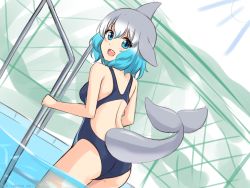  1girl alternate_costume bare_legs bare_shoulders blowhole blue_eyes blue_hair blue_one-piece_swimsuit blush cetacean_tail commentary_request common_bottlenose_dolphin_(kemono_friends) dolphin_girl dorsal_fin fins fish_tail grey_hair highres kemono_friends looking_at_viewer looking_back multicolored_hair one-piece_swimsuit pool pool_ladder shiraha_maru short_hair sleeveless solo swimsuit tail white_hair  rating:General score:4 user:danbooru