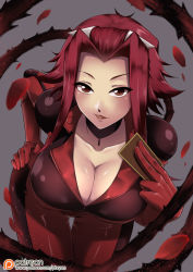 1girl biker_clothes bikesuit bodysuit breasts brown_eyes card choker cleavage collarbone cowboy_shot hand_on_own_hip izayoi_aki large_breasts leaning_forward looking_at_viewer mibry_(phrysm) petals plant red_hair rose_petals short_hair sidelocks smile solo vines yu-gi-oh! yu-gi-oh!_5d&#039;s rating:Sensitive score:122 user:danbooru