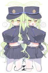  ... 2girls :&lt; :d absurdres alternate_breast_size blue_archive breasts commentary_request crop_top crop_top_overhang cropped_legs demon_girl demon_tail fang gloves green_hair halo hat heart highres hikari_(blue_archive) large_breasts locked_arms long_hair long_pointy_ears miniskirt multiple_girls no_nose nozomi_(blue_archive) open_mouth oppai_loli pantyhose pointy_ears shako_cap shorts siblings simple_background sisters skin_fang skirt smile smug spoken_ellipsis spoken_heart tail train_conductor very_long_hair white_background white_gloves white_pantyhose yellow_eyes yueepon 