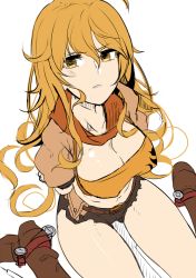  1girl ahoge ankle_cuffs arms_behind_back bad_id bad_pixiv_id bdsm blonde_hair bondage boots bound breasts brown_footwear cleavage doko_tetora from_above large_breasts long_hair purple_eyes rwby scarf short_shorts shorts sitting solo spurs wariza yang_xiao_long  rating:Sensitive score:83 user:danbooru