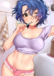  1girl :t absurdres bad_id bad_pixiv_id bathroom blue_hair blush bow bow_panties breasts brown_eyes brushing_teeth cleavage closed_mouth collarbone commentary_request cowboy_shot crop_top fingernails groin hair_between_eyes hanamasa_ono hands_up highres holding holding_toothbrush idolmaster idolmaster_million_live! indoors large_breasts light_particles looking_at_viewer messy_hair nail_polish navel no_pants one_eye_closed outstretched_arm panties pink_nails pink_panties purple_shirt shirt short_hair sleeveless sleeveless_shirt solo standing stomach toothbrush towel toyokawa_fuka underwear  rating:Sensitive score:71 user:danbooru