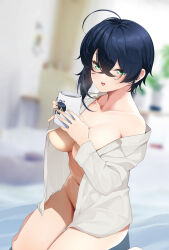  1girl ahoge aoi_saki blue_hair blurry blurry_background breasts collarbone cup green_eyes highres holding holding_cup indoors large_breasts long_hair looking_at_viewer mug navel nigo_(aozoragarou) off_shoulder open_mouth original shirt sitting smile smoke solo white_shirt 