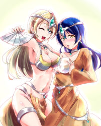  10s 2girls ayase_eli blonde_hair blue_eyes blue_hair blush breasts circlet cleavage commentary_request cosplay cowboy_shot dancer&#039;s_costume_(dq) dragon_quest dragon_quest_iv earrings hair_between_eyes holding jewelry loincloth long_hair love_live! love_live!_school_idol_project manya_(cosplay) manya_(dq4) minea_(cosplay) minea_(dq4) multiple_girls navel one_eye_closed open_mouth pelvic_curtain smile sonoda_umi standing urutsu_sahari yellow_eyes 