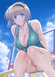  1girl arms_behind_back ass bare_shoulders blonde_hair blue_dress blue_sky blurry blush breasts cleavage cleft_of_venus collarbone day depth_of_field dress green_eyes grin hairband highres hosokawa_miki jigoku_sensei_nube large_breasts looking_at_viewer no_bra no_panties nude outdoors parted_lips playground public_indecency pussy short_hair shueisha sky sleeveless sleeveless_dress smile solo squatting suzume_inui sweat teeth uncensored  rating:Explicit score:115 user:danbooru