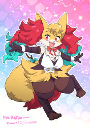  1girl animal_ear_fluff animal_ears artist_name black_leotard blonde_hair blue_background body_fur breasts commission creatures_(company) detached_collar digitigrade elbow_gloves fang fox_ears fox_girl fox_tail full_body furry furry_female game_freak gloves gradient_background large_breasts leotard looking_at_viewer neck_fur neck_ribbon nintendo open_mouth pink_background pokemon pokemon_(creature) red_eyes red_ribbon ribbon standing standing_on_one_leg tail teko_(tawake) thighhighs twitter_username vest white_vest yellow_fur 
