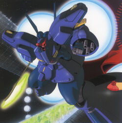  1980s_(style) 1990s_(style) aiming arm_cannon beam_axe beam_cannon commentary cover dreissen english_commentary gundam gundam_zz highres key_visual kitazume_hiroyuki mecha mobile_suit neo_zeon o&#039;neill_cylinder official_art oldschool one-eyed production_art promotional_art retro_artstyle robot science_fiction solar_panel space thrusters vernier_thrusters weapon 