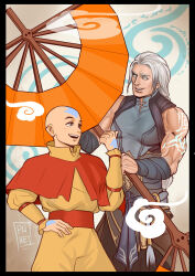  2boys aang absurdres avatar:_the_last_airbender avatar_legends bald black_border border braid braided_ponytail brown_eyes commentary english_commentary fujin_(mortal_kombat) grey_hair hand_on_own_hip highres holding japanese_clothes long_hair long_sleeves male_focus mortal_kombat_(series) mortal_kombat_11 multiple_boys muscular muscular_male no_pupils open_mouth orange_pants orange_shirt pants power_connection shirt signature tattoo tazahan teeth upper_teeth_only white_eyes wind 