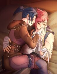  2girls arcane:_league_of_legends arcane_caitlyn arcane_vi arm_tattoo caitlyn_(league_of_legends) hand_on_another&#039;s_back hand_on_another&#039;s_cheek hand_on_another&#039;s_face highres hug league_of_legends multiple_girls muscular muscular_female on_bed ponytail red_hair short_hair sitting sitting_on_person tattoo tiablackraven vi_(league_of_legends) yuri 