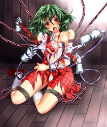 1girl bare_shoulders bdsm bondage bound breasts chain covering_privates covering_breasts cuffs female_focus green_hair highres kazami_yuuka mechanical_arms medium_breasts monikano open_mouth plaid plaid_skirt plaid_vest red_eyes shackles short_hair single_mechanical_arm skirt skirt_set solo torn_clothes touhou vest rating:Questionable score:36 user:danbooru