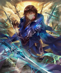  1boy aloma armor bad_id bad_pixiv_id blue_cape blue_eyes brown_hair cape cloud day earrings gloves highres jewelry long_sleeves looking_back magic male_focus official_art outdoors pants shadowverse solo standing sword twisted_torso watermark weapon 