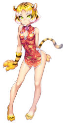  1girl alternate_costume animal_ears bare_legs blonde_hair cat_girl cat_tail character_sheet china_dress chinese_clothes claws dress embarrassed full_body lilith-soft long_hair medium_hair official_alternate_costume short_dress simple_background solo standing sweat tail taimanin_(series) taimanin_rpgx thighs tiger_ears tiger_tail torajiro_(taimanin_series) white_background wide_hips zol 