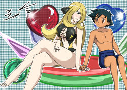  1boy 1girl ash_ketchum barefoot black_hair blonde_hair breasts creatures_(company) cynthia_(pokemon) game_freak holding_hands happy hetero knees large_breasts legs long_hair nintendo one-piece_swimsuit pokemon pokemon_(anime) topless_male short_hair shorts sitting smile spiked_hair swimsuit zaizaiwangwang  rating:Questionable score:51 user:echlight