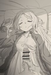  1boy 1girl bar_censor breast_slip breasts broccoli_(broccoli2626) censored closed_eyes dangle_earrings dress drop_earrings earrings elf erection frieren greyscale hetero highres jewelry long_hair lying male_masturbation masturbation monochrome nipples no_bra on_back on_bed one_breast_out open_clothes penis pointy_ears pov sleep_molestation sleeping small_breasts solo_focus sousou_no_frieren 