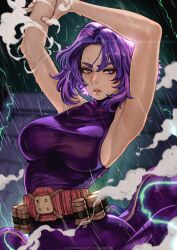  1girl ammunition_belt armpits arms_up bare_shoulders boku_no_hero_academia breasts commentary commentary_request english_commentary grabbing_own_arm highres lady_nagant large_breasts lightning lips looking_to_the_side magion02 mixed-language_commentary purple_eyes purple_hair rain short_hair sideboob solo upper_body  rating:Sensitive score:35 user:danbooru