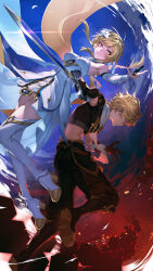  1boy 1girl absurdres aether_(genshin_impact) ahoge armpits back-to-back bare_shoulders blonde_hair boots braid brother_and_sister brown_shirt cloud detached_sleeves dress flower genshin_impact gloves hair_between_eyes hair_flower hair_ornament highres holding holding_sword holding_weapon looking_to_the_side lumine_(genshin_impact) midriff namahamu913 pants partially_fingerless_gloves romper scarf shirt short_hair_with_long_locks siblings sidelocks single_braid sky sword thigh_boots weapon white_dress white_flower white_romper white_scarf yellow_eyes 