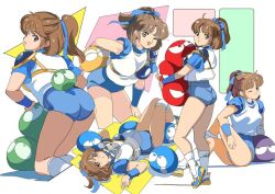  1girl :o arle_nadja armor armored_dress blob blue_footwear blue_ribbon blue_shorts blue_wristband blush breastplate brown_eyes brown_hair commentary_request creature crying edoya_inuhachi hair_ribbon half_updo holding kneeling lying multiple_views on_back one_eye_closed open_mouth ponytail puyo_(puyopuyo) puyopuyo ribbon shirt short_hair shorts shoulder_armor sitting smile socks standing 