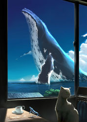 animal cat chair cloud cup day figure giant highres nnfsh no_humans ocean realistic sky surreal tree water whale window rating:Sensitive score:33 user:danbooru