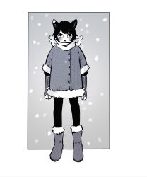  1girl :&lt; absurdres animal_ears arm_guards arms_at_sides blush boots cat_ears cat_girl coat dungeon_meshi full_body fur-trimmed_boots fur-trimmed_coat fur-trimmed_sleeves fur_trim greyscale highres izutsumi jungujun looking_at_viewer monochrome outside_border pants pout scar screentones short_hair short_sleeves snowing solo standing straight-on winter_clothes  rating:General score:6 user:danbooru