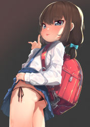  1girl :p ass backpack bag black_panties blue_bow blue_eyes blue_skirt blush bow brown_hair clothes_lift commentary_request hair_bow highres horonamin index_finger_raised lifted_by_self lips loli long_sleeves looking_at_viewer low_twintails original panties randoseru shirt short_hair short_twintails side-tie_panties skindentation skirt skirt_lift smile solo string_panties suspenders tongue tongue_out twintails underwear white_shirt 