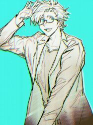  1boy absurdres arm_up blue_eyes chinese_commentary chromatic_aberration coat commentary_request exit404 glasses greyscale_with_colored_background highres kanou_aogu long_sleeves male_focus open_clothes open_coat open_mouth rectangular_eyewear saibou_shinkyoku semi-rimless_eyewear shirt short_hair smile solo spot_color upper_body 