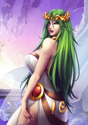  1girl 2018 breasts cleavage eyelashes female_focus gold green_eyes green_hair hair_ornament highres kid_icarus large_breasts lips lipstick long_hair looking_at_viewer luminyu makeup nintendo palutena pink_lips pinup_(style) sideboob smile solo standing super_smash_bros. thick_thighs thighhighs thighs  rating:Sensitive score:34 user:gyn13
