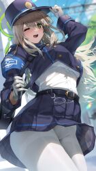  1girl :d armband belt black_bag blonde_hair blue_archive blue_hat blue_jacket blue_skirt buttons commentary_request cosplay cowboy_shot cropped_jacket double-breasted from_below gloves green_eyes green_halo groin halo hands_on_headwear hat highres hikari_(blue_archive) hikari_(blue_archive)_(cosplay) jacket looking_at_viewer nonohachi nonomi_(blue_archive) one_eye_closed open_mouth outdoors pantyhose pleated_skirt power_lines shirt skirt sleeve_cuffs smile swept_bangs teeth thighband_pantyhose upper_teeth_only whistle white_gloves white_pantyhose white_shirt wind wind_lift 