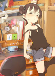  1girl arm_support bedroom black_socks blush breasts brown_eyes brown_hair camisole chair denim denim_shorts desk feet flat_chest hair_ribbon indoors kikai_(akita_morgue) kneehighs leg_lift loli looking_at_viewer no_shoes open_fly photo_background real_life_insert ribbon short_hair short_twintails shorts small_breasts smug socks solo standing standing_on_one_leg strap_slip stuffed_animal stuffed_toy sweat sweatdrop teddy_bear thighhighs twintails unbuttoned unzipped  rating:Questionable score:217 user:deviantor