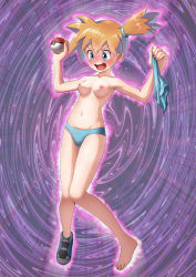  1girl abstract_background angry bikini blue_bikini blue_eyes blush bo_(bo) breasts collarbone creatures_(company) embarrassed game_freak hair_tie holding holding_clothes medium_breasts misty_(pokemon) navel nintendo nipples official_style one_shoe orange_hair petite pokemon pokemon_rgby short_hair side_ponytail solo swimsuit topless  rating:Questionable score:28 user:thereallegend123