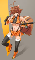  1girl abs animal_ears antenna_hair arc_system_works bare_shoulders blazblue blazblue:_continuum_shift boots breasts highres large_breasts makoto_nanaya md5_mismatch midriff miniskirt navel orange_skirt prime revealing_clothes skirt solo squirrel_ears squirrel_tail tail thigh_boots thighhighs tonfa underboob weapon wrist_guards  rating:Questionable score:48 user:danbooru