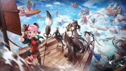  1boy 3girls ahoge artist_request asymmetrical_legwear back bare_shoulders black_hair blue_eyes blue_sky breasts bridge brown_hair brush character_request chinese_clothes day detached_sleeves floating_hair floating_ship gloves grey_hair hand_fan large_breasts long_hair looking_at_viewer looking_back mountain multiple_girls muscular muscular_male official_art open_mouth oversized_object pantyhose pink_hair purple_eyes red_eyes red_gloves red_thighhighs rock rope scenery ship sky smile thighhighs tower_of_fantasy watercraft 