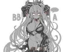  ... 1girl abyssal_ship aircraft_carrier_princess arms_up bound bound_wrists breasts chain claws closed_mouth commentary_request greyscale hair_censor highres kantai_collection large_breasts long_hair monochrome one_side_up oso_(toolate) revision simple_background sketch solo spoken_ellipsis spot_color sweat torn_clothes very_long_hair 