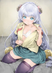  1girl beads blue_eyes blue_hair bow bowtie bra braid breasts collarbone commentary_request green_skirt hair_beads hair_ornament ishikei kneeling lin_mo_niang long_hair loose_bowtie ming_zhan-lu on_bed purple_thighhighs red_bow red_bowtie shirt short_sleeves skindentation skirt small_breasts solo sweat thighhighs underwear undressing very_long_hair white_bra yellow_shirt 