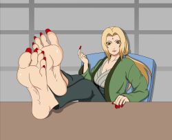  1girl absurdres barefoot blonde_hair breasts brown_eyes cleavage facial_mark feet feet_on_table female_focus fingernails foot_focus forehead_mark highres japanese_clothes kimono large_breasts long_fingernails long_hair long_sleeves long_toenails looking_at_viewer low_twintails nail_polish naruto naruto_(series) naruto_shippuuden no_shoes orangethunder2_(artist) red_nails sitting soles toenail_polish toenails toes tsunade_(naruto) twintails  rating:Sensitive score:45 user:takingatour