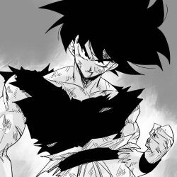  1boy arm_at_side backlighting biceps black_eyes black_hair black_sash black_theme black_wristband blood blood_from_mouth blood_on_arm blood_on_face broad_shoulders clenched_hand closed_mouth contrapposto cowboy_shot cuts dirty dirty_face dragon_ball dragonball_z fingernails furrowed_brow gradient_background grey_background greyscale hand_up head_tilt highres injury kz_(dbz_kz) limited_palette looking_at_viewer male_focus messy_hair monochrome muscular muscular_male obi pants pectorals sash scratches shirt simple_background smirk son_goku torn_clothes torn_shirt two-tone_background undershirt white_background wristband 