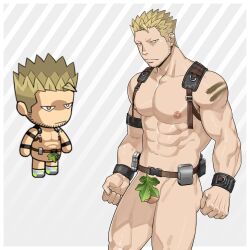 1boy abs absurdres bara beard_stubble chest_belt chibi cowboy_shot ero_condo facial_hair fig_leaf flaccid highres kienbiu large_pectorals leaf leaf_censor leather_belt male_focus muscular muscular_male navel nipples official_alternate_costume paid_reward_available pectorals penis punt_(kienbiu) revealing_clothes short_hair sideburns simple_background solo spiked_hair standing stomach stubble testicles thighs wrist_belt