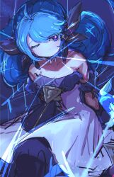 1girl absurdres bare_shoulders black_bow black_dress blue_eyes blue_hair bow breasts detached_sleeves dress drill_hair grey_dress gwen_(league_of_legends) hair_bow highres league_of_legends long_hair medium_breasts monakan_japan one_eye_closed purple_background solo twin_drills twintails rating:Sensitive score:1 user:danbooru