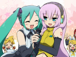 &gt;_&lt; 1boy 3girls =_= arms_up bad_id bad_pixiv_id blonde_hair blue_eyes blush cosplay closed_eyes green_hair hatsune_miku hatsune_miku_(cosplay) kagamine_len kagamine_rin long_hair megurine_luka microphone multiple_girls open_mouth parody project_diva project_diva_(series) purple_hair sleeveless smile style_parody tonbi twintails very_long_hair vocaloid yuri rating:Sensitive score:6 user:danbooru