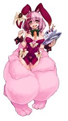  1girl animal_costume animal_ears bare_shoulders blush breasts carrot cleavage cuff_links cuffs cup fake_animal_ears fluffy heart heart-shaped_pupils kenkou_cross large_breasts leotard looking_at_viewer march_hare_(monster_girl_encyclopedia) monster_girl monster_girl_encyclopedia open_mouth pink_hair playboy_bunny pussy_juice rabbit_ears smile solo symbol-shaped_pupils tea teacup thighs tray wet wrist_cuffs  rating:Explicit score:245 user:DuskXIII