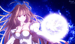  1girl absurdres antenna_hair archetype_earth arcueid_brunestud bare_shoulders blonde_hair breasts cleavage closed_mouth collarbone commentary_request dated detached_sleeves dress glowing gold_trim hair_intakes highres long_hair medium_breasts melty_blood night night_sky red_eyes shousumi_(ljayxh) sky smile solo star_(sky) tsukihime twitter_username very_long_hair white_dress 