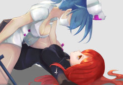 2018 2girls blue_hair bonesaw breasts cleavage cross cross_necklace grey_background hair_over_eyes hat hidden_eyes jewelry large_breasts looking_at_another lying mask mouth_mask multiple_girls necklace nurse_cap on_back parasoul_(skullgirls) red_hair skullgirls straddling surgical_mask sweater tge_dilemma turtleneck turtleneck_sweater valentine_(skullgirls) yellow_eyes yuri