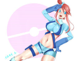 1girl blue_eyes breasts covered_erect_nipples cowboy_shot creatures_(company) crop_top cropped_shirt dutch_angle fang floating_hair game_freak gloves gluteal_fold gym_leader hair_between_eyes hair_ornament hand_on_own_hip hand_to_forehead hand_up highres ikuta_na_ma large_breasts long_hair long_sleeves looking_at_viewer midriff navel nintendo open_mouth pokemon pokemon_bw red_hair shirt shorts skyla_(pokemon) smile solo standing stomach suspenders turtleneck