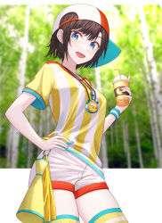 1girl :d absurdres baseball_cap blue_eyes blurry blurry_background brown_hair cup disposable_cup hand_on_own_hip hat highres hololive looking_at_viewer megaphone oozora_subaru oozora_subaru_(1st_costume) open_mouth shirt short_hair short_sleeves shorts sideways_hat smile standing stopwatch stopwatch_around_neck striped_clothes striped_shirt thighhighs timer virtual_youtuber watch white_shorts wristband yt9676