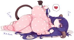 1girl breasts demon_girl demon_horns demon_tail expressionless gigantic_breasts heart horns large_breasts long_hair looking_at_viewer lying mato_tsuyoi mel_(shiro) mole mole_under_eye on_side oppai_loli pajamas purple_eyes purple_hair shortstack spoken_heart tail thick_thighs thighs translation_request wide_hips rating:Sensitive score:107 user:danbooru