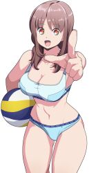  1girl :d alpha_transparency ball bikini blue_bikini breasts brown_eyes brown_hair cleavage collarbone commentary_request cowboy_shot foreshortening harukana_receive highres holding holding_ball index_finger_raised large_breasts long_hair looking_at_viewer navel oggy_(oggyoggy) oozora_haruka_(harukana_receive) open_mouth pointing pointing_at_viewer sidelocks simple_background smile solo standing swimsuit thighs volleyball volleyball_(object) white_background 