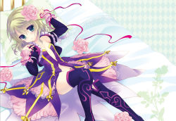 1girl bad_id bad_pixiv_id blonde_hair blush boots dress elize_lutus flower frills green_eyes hair_flower hair_ornament pillow pink_flower pink_rose purple_dress purple_footwear purple_thighhighs rose short_hair solo takashina_asahi tales_of_(series) tales_of_xillia thighhighs undressing rating:Questionable score:16 user:danbooru