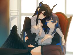  2girls asymmetrical_horns black_hair blue_eyes blue_hair blush breasts cleavage colored_inner_hair demon_horns dress finger_to_mouth hair_intakes hair_ornament highres hololive hololive_english horns juliet_sleeves large_breasts long_hair long_sleeves looking_at_viewer mole mole_under_eye multicolored_hair multiple_girls nerissa_ravencroft ouro_kronii puffy_sleeves red_eyes shushing sitting sitting_on_lap sitting_on_person smile two-tone_hair uneven_horns very_long_hair virtual_youtuber yuri yuutomeh 