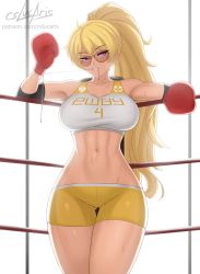 1girl armpits artist_name aviator_sunglasses black_hair blonde_hair boxing_gloves boxing_ring breasts collarbone cslucaris elbow_pads glasses gluteal_fold large_breasts long_hair looking_to_the_side ponytail purple_eyes rwby shorts solo sports_bra stomach sunglasses sweat thigh_gap thighs tinted_eyewear yang_xiao_long rating:Sensitive score:97 user:JustHere4Butts